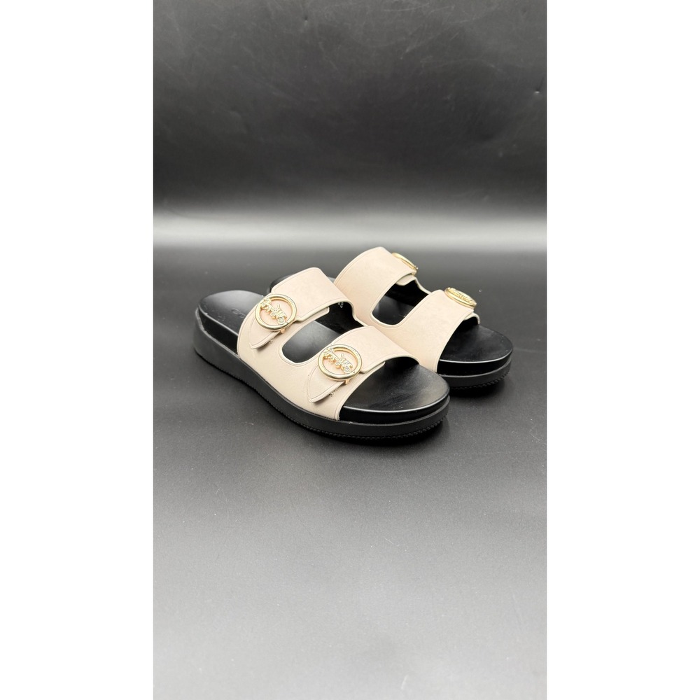 Coach Irene Platform Sandals Chalk Beige Black Leather Horse Carriage Buckle
